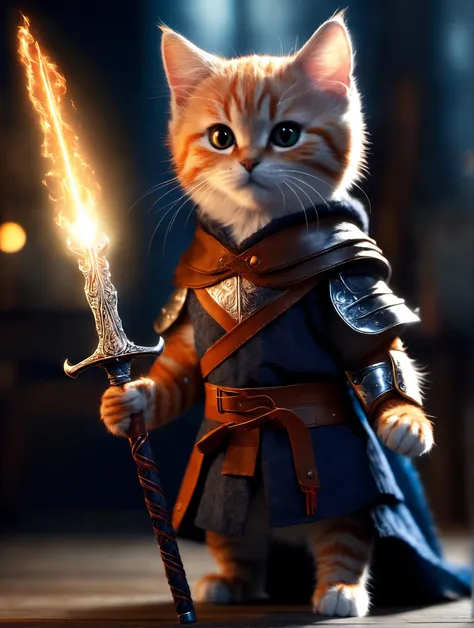 ((photo:1.2)), A cute cat mage, glowing fire sword, staff, dramatic lighting, dynamic pose, dynamic camera,masterpiece, best quality, dark shadows, ((dark fantasy)), detailed, realistic, 8k uhd, high quality