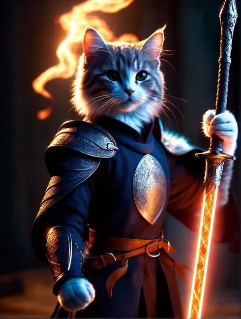 ((photo:1.2)), A cute cat mage, glowing fire sword, staff, dramatic lighting, dynamic pose, dynamic camera,masterpiece, best quality, dark shadows, ((dark fantasy)), detailed, realistic, 8k uhd, high quality