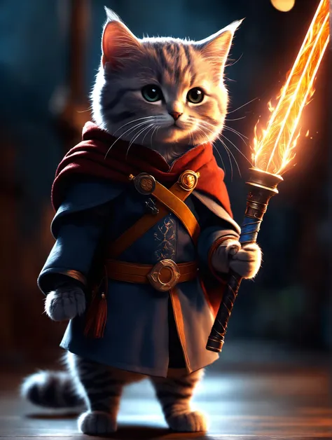 ((photo:1.2)), A cute cat mage, glowing fire sword, staff, dramatic lighting, dynamic pose, dynamic camera,masterpiece, best quality, dark shadows, ((dark fantasy)), detailed, realistic, 8k uhd, high quality