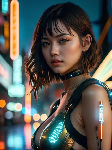 cyberpunk girl, glowing wires, dark city, reflective puddles, neon signs,, Photorealistic, Hyperrealistic, Hyperdetailed, analog style, soft lighting, subsurface scattering, realistic, heavy shadow, masterpiece, best quality, ultra realistic, 8k, golden ratio, Intricate, High Detail, film photography, soft focus, RAW candid cinema, 16mm, color graded portra 400 film, remarkable color, ultra realistic,