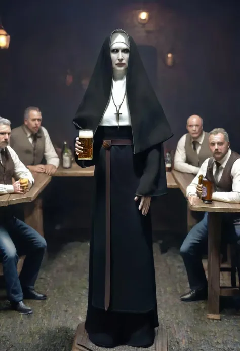 a photo of <lora:valak:1> valak - at a singles bar, holding a beer, lots of men around, checking out the single men, none of them look too good, mostly overweight middle aged divorcees, disappointed expression, high resolution, beautiful, highest quality, masterpiece, highly detailed