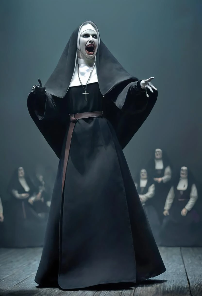 a photo of <lora:valak:1> valak - on a stage, singing and dancing, performing for a crowd, high resolution, beautiful, highest quality, masterpiece, highly detailed
