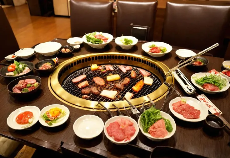 a photo of <lora:smokeless_roaster_SDXL_V2:1> smokeless_roaster, yakiniku -  grill, japan, tongs, scenery, chair, plate, box, table, bowl,  high resolution, beautiful, highest quality, masterpiece, highly detailed