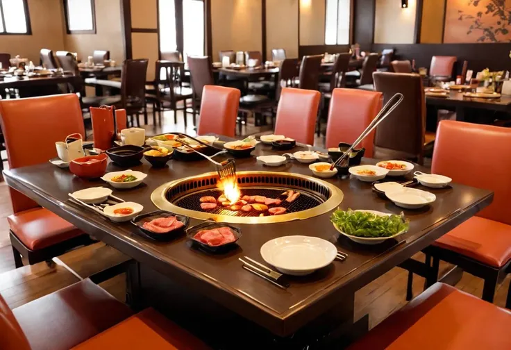 a photo of <lora:smokeless_roaster_SDXL_V2:1> smokeless_roaster, yakiniku - grill, japan, tongs, scenery, chair, plate, box, table, bowl, high resolution, beautiful, highest quality, masterpiece, highly detailed
