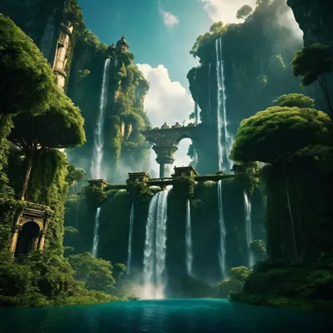 cinematic film still ((flying islands in the sky)), epic fantasy overgrown temple scene, waterfalls, , steampunk . shallow depth of field, vignette, highly detailed, high budget, bokeh, cinemascope, moody, epic, gorgeous, film grain, grainy