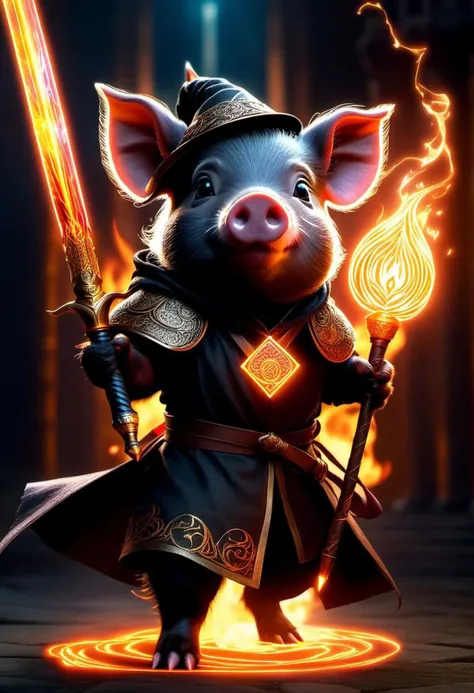 ((photo:1.2)), A cute black pig mage, glowing fire sword, staff, dramatic lighting, dynamic pose, dynamic camera,masterpiece, best quality, dark shadows, ((dark fantasy)), detailed, realistic, 8k uhd, high quality