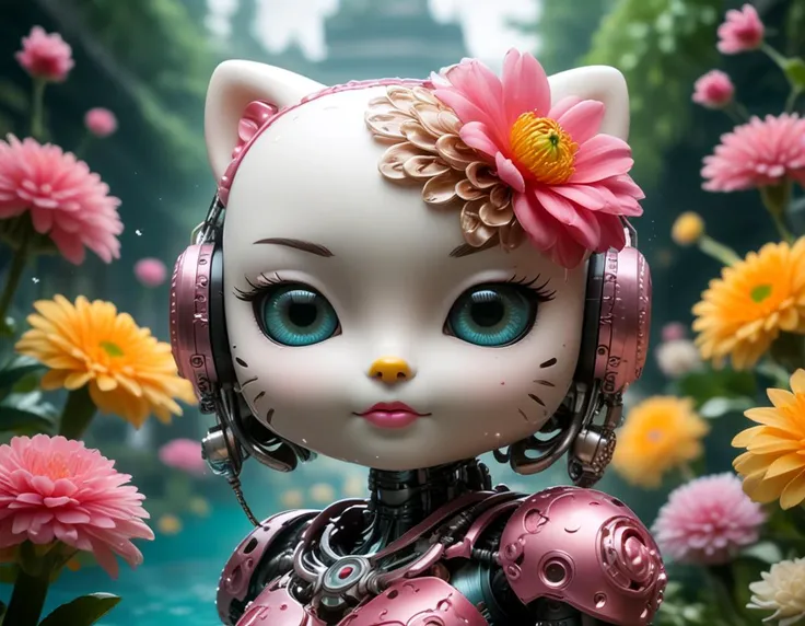 (Close-Up:1.5), luxurious, glamorous, photography by vogue, studio quality, photo of (Hello Kitty:1.2), biomechanical cyberpunk, swimming in a pool, Leaning on an invisible fence, a mind-reading device leads to invasion of privacy, (wearing tech armor and biomechanical implants:1.1), flowers, happy animals, crisp, sharp focus, vaporwave, aqua vibes, vibrant, stunningly beautiful, sleek, ultramodern, professional