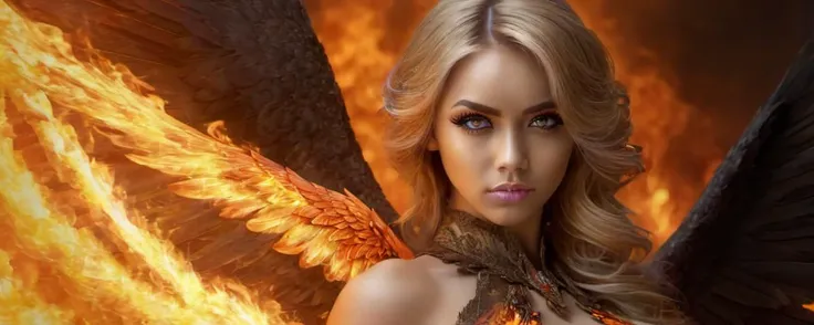 masterpiece, (realistic:1.2), absurdres, portrait, detailed face, flaming eyes, (burning angel), Phoenix dress, burning wing, blonde hair, gem <lora:perfect-eyes:1> <lora:sd_xl_offset_example-lora_1.0:1>