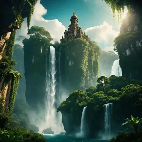cinematic film still ((flying islands in the sky)), epic fantasy overgrown temple scene, waterfalls, , steampunk . shallow depth of field, vignette, highly detailed, high budget, bokeh, cinemascope, moody, epic, gorgeous, film grain, grainy