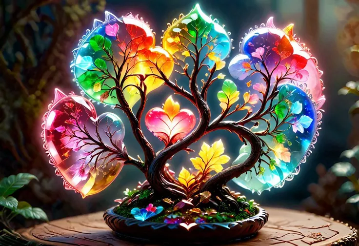 photorealistic, sparkling magical fantasy Magical hearts, made out of transparent multicolored glass, light shines through, magical artifact, very detailed, amazing quality, intricate, cinematic light, highly detail, beautiful, surreal, dramatic, warm colors, This is a bonsai, flx$tyl3