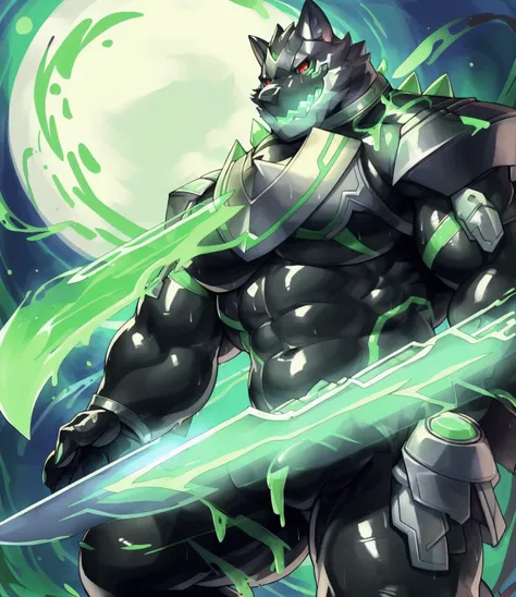 (holding 1 sword:1.2), (moon night), solo, fantasy RPG (dark village:1.2), ((full body)), (thick thighs:1.2), open mouth, <lora:monomasa-09:1> (monomasa), male focus, bodysuit, black bodysuit, shoulder armor, armor, (rubber material:1.2), (green slime (substance):1.2), (big muscle:1.1), (big pecs:1.1), (thick arms:1.1), (sweaty:1.2), detailed fantasy RPG village background, highly detailed, anime style, sharp shadows, shaded, soft lighting, (masterpiece:1.3),(best quality:1.4), (extreme detailed illustration), good anatomy, (by lindong, null-ghost), (detailed RPG CG)