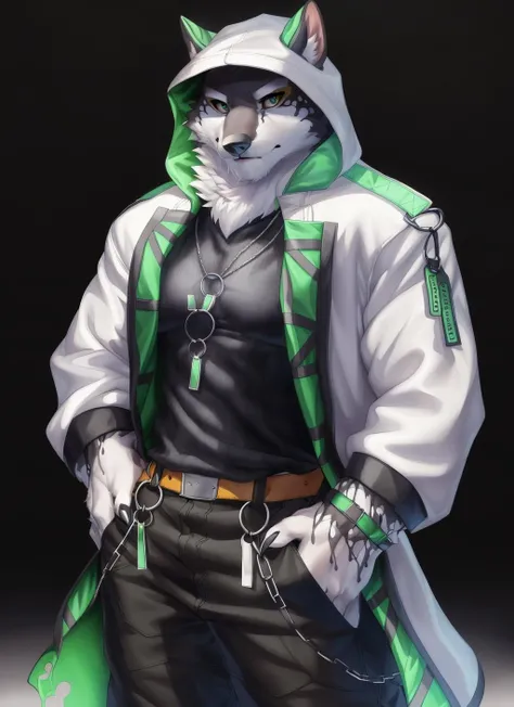 <lora:monomasa-09:1>, monomasa, solo, (soft shading), 4k, hi res, (detailed face, detailed eyes, detailed), ((full body)), by zackarry911, by zaush, (by personalami:0.5), male, muscular male, bara, muscular, looking at viewer, short hair, simple background, shirt, 1boy, male focus, cowboy shot, open clothes, belt, pants, hood, necklace, coat, black shirt, black pants, black background, hooded jacket, claws, hood up, hand in pocket, open coat, black sclera, body fur, yellow sclera, slime (substance), snout, grey coat, chain necklace, green eyes, (pose), night, tokyo \(city\),