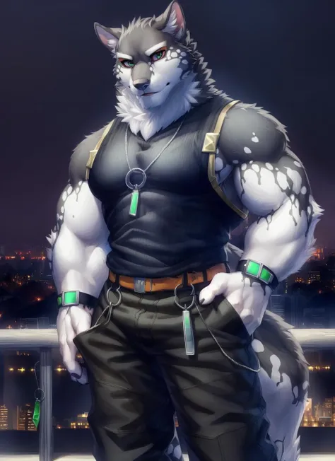 <lora:monomasa-09:1>, monomasa, solo, (soft shading), 4k, hi res, (detailed face, detailed eyes, detailed), ((full body)), by zackarry911, by zaush, (by personalami:0.5), male, muscular male, bara, muscular, looking at viewer, short hair, 1boy, male focus, belt, pants, necklace, feet out of frame, black pants, tank top, red sclera, sidepec, green eyes, (pose), night, tokyo \(city\),
