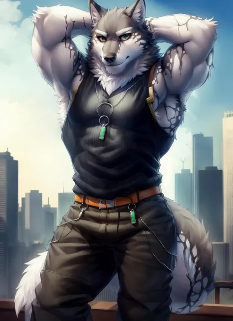 <lora:monomasa-09:1>, monomasa, solo, (soft shading), 4k, hi res, (detailed face, detailed eyes, detailed), ((full body)), by zackarry911, by zaush, (by personalami:0.5), male, muscular male, bara, muscular,   looking at viewer, short hair, 1boy, male focus, belt, pants, necklace, feet out of frame, black pants, tank top, red sclera, sidepec, green eyes, (pose:1.3), tokyo \(city\), wolf tail, arms behind head
