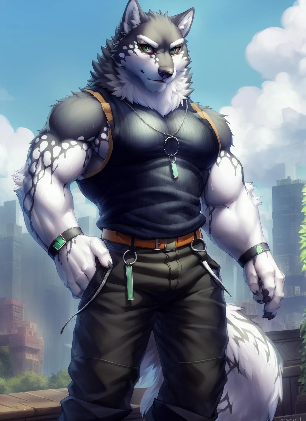 <lora:monomasa-09:1>, monomasa, solo, (soft shading), 4k, hi res, (detailed face, detailed eyes, detailed), ((full body)), by zackarry911, by zaush, (by personalami:0.5), male, muscular male, bara, muscular, looking at viewer, short hair, 1boy, male focus, belt, pants, necklace, feet out of frame, black pants, tank top, red sclera, sidepec, green eyes, (pose:1.3), tokyo \(city\), wolf tail