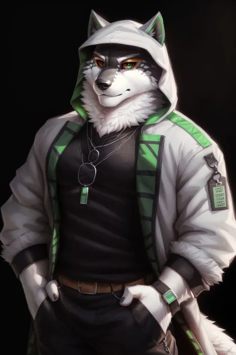 <lora:monomasaV2-05:0.9>, monomasa, muscular, (detailed eyes, black pupils, green eyes, (red sclera), (yellow eyeshadow:0.8)), wolf tail, (pose:1.3), (posing:1.3), (soft shading), 4k, hi res, five fingers, detailed hands, ((detailed face, (detailed eyes:1.0), detailed)), (full body), by zackarry911, by zaush, (by personalami:0.5), solo, looking at viewer, simple background, 1boy, jewelry, jacket, upper body, male focus, open clothes, hood, necklace, white jacket, black background, hood up, body fur, straight-on, black fur