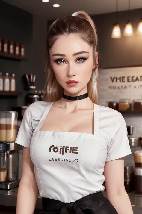 photo of <lora:elsiehewitt-07:0.8>, elsiehewitt, a woman, ((pale skin)), ((ponytail, neat hair)), ((closeup, portrait)), ((barista apron, white shirt):1.2), ((coffee shop, counter):1.2),(serious), (choker), ((detailed face, beautiful face, detailed eyes, beautiful eyes):1.3), ((lipstick, eyeliner, eye shadow):1.2), (looking at viewer:1.2), ((detailed eyes, detailed face):1.2),