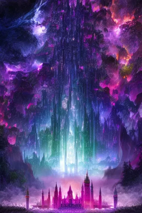Craft a surreal and whimsical dreamscape featuring an neon Irish castle amidst a fantastical landscape, where reality blends with imagination, capturing the mystique of Irish historical sites. in Historical figures smeared, sinister shadows, haunted dripping, spectral uncertainty