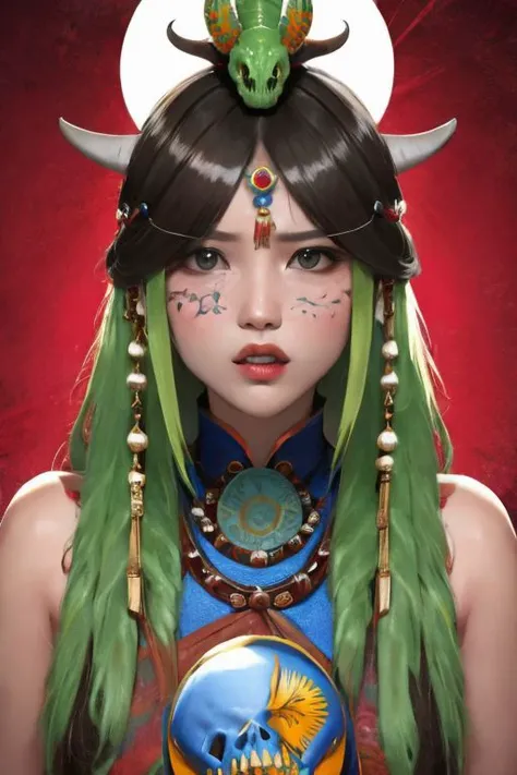 tsundere tibetian Woman wearing huge tibetian decorated Dino skull over head, looking from above, Large Overgrown decorated dinosaur Skull with Long teeth, very detailed, hd, colorful flat aztec Design Background