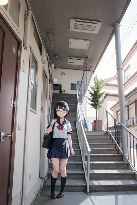 best quality, ultra-detailed, illustration,
1girl, school uniform, black hair, glasses, school bag, smile, looking at viewer,
rouka, scenery, tree, door, window, day, plant, stairs, building, outdoors, door, ceiling, ceiling lights,
<lora:JPNApartment_SD15_V1_DIM4:0.6>