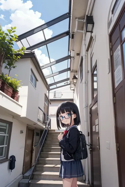 best quality, ultra-detailed, illustration,
1girl, school uniform, black hair, glasses, school bag, smile, looking at viewer,
rouka, scenery, tree, door, window, day, plant, stairs, building, outdoors, door, ceiling, ceiling lights,
<lora:JPNApartment_SD15_V1_DIM4:0.6>