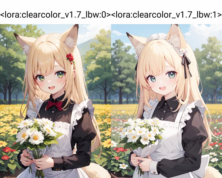 (blonde hair),(???, child:1),long hair,fox girl,fox tail,green eyes,
maid,enmaided,Flowers on the head,
smile,open mouth,teeth,
holding flower,
upper body,
outdoors,flower field,
<lora:clearcolor_v1.7_lbw:0>,