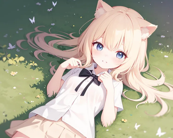 small breasts,(???, child:1),solo,blue eyes,blonde hair,cat ears,long hair,smile,blush,parted lips,
white shirt,yellow short skirt,bow,
lying,grass,sunlight,flower,Leaf,Looking from top to bottom,Medium Full Shot,depth of field,pleated,Ruffle,no shoes,Blue panties,Open your leg
