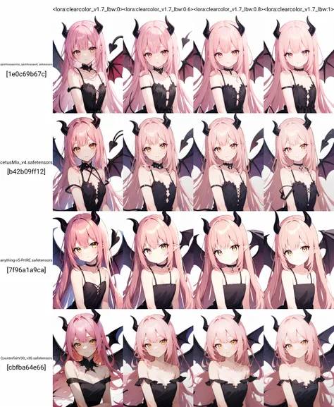 pink hair,yellow eyes,long hair,demon horns,long hair,bangs,demon wings,demon tail,(???, child:1),
black dress,bare shoulders,collarbone,
upper body,
simple background,white background,
<lora:clearcolor_v1.7_lbw:0>,