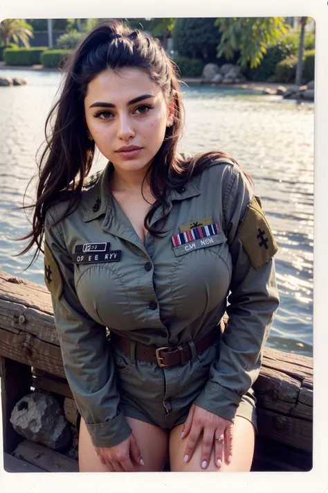 polaroid photo of rozzzywow, (wearing army uniform:1.2), waterfall, upper body, natural lighting, <lora:rozzzywow:1>