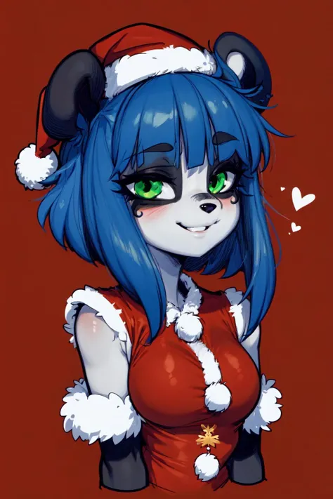 furry, (black and white fur), 1girl, masterpiece, green eyes, best quality, animal nose, gold hearts, eye makeup, Nuwa Nightstone, blue hair, (panda girl), panda ears, <lora:NuwaProto2:1>, santa costume, santa hat, upper body, red background, snowflake, halftone background, smile, blushing