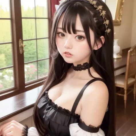 1girl, maid dress, maid outfit, at a castle, black hair, long hair, (upper body), (masterpiece), <lora:KBeau_v1.5:0.66>