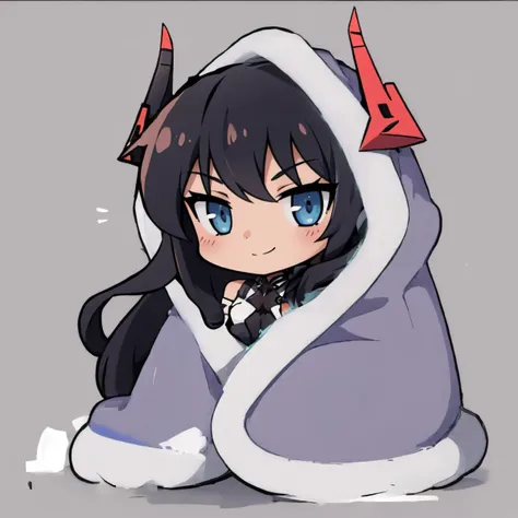 masterpiece, best quality,  <lora:harran-nikke-richy-v1:1> harran, leotard, headgear, <lora:cozyblanket-nvwls-v1:1> cozyblanket, chibi, simple background, smile