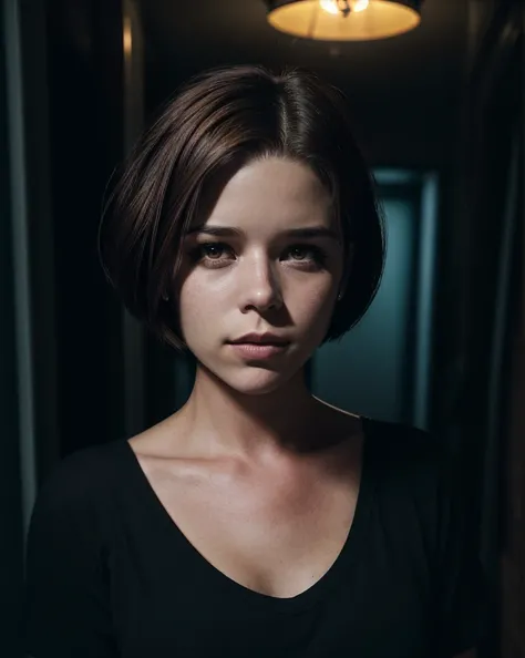 n3v3c4m8311, upper body, cinematic, (realistic), brown hair, short hair, (black shirt), indoors, (night), haunted house, horror movie, 4k, high detail, RAW Photo, (atmospheric lighting), luscious lips, (eye makeup:1.1), (ultra-detailed:1.2), smooth skin, clear skin <lora:LowRA:.8> AS-YoungV2