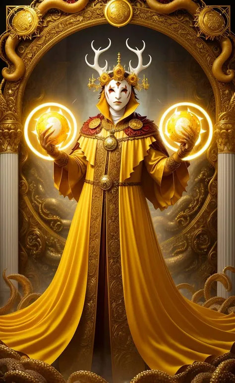 a professional digital painting of the kinginyellow wearing a tattered yellow cloak standing in a ballroom gripping a medallion in his claws, (white porcelain mask:1.05), surrounded by a mass of writhing tentacles, ornate baroque ballroom background, antlers, crown, high quality <lora:kinginyellow-beta1-000007:0.9>