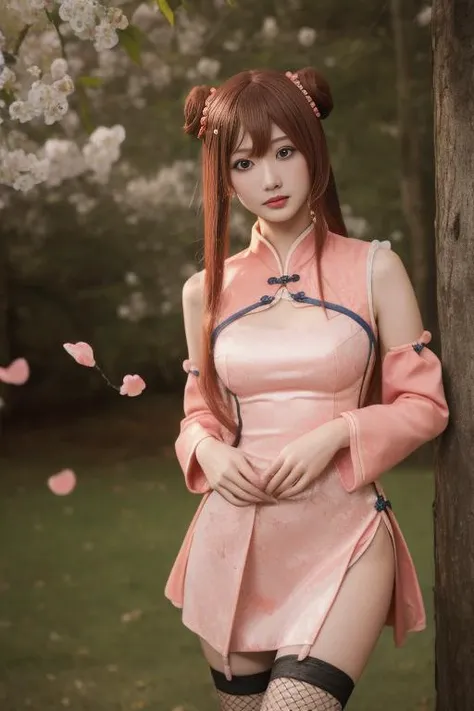 best quality, masterpiece, realistic, photo,2K wallpaper, looking at viewer,cowboy shot,
1girl, 24yo cosplayer,beautifly face, pretty face,big eyes, long eyelashes,
long hair,hair ornament,hair bun,
chunmei,pink china dress,pink chinese clothes,fishnet thighhighs, medium breasts,
standing,
outdoors,nature,path,forest,wind,spring,peach blossom,petals,falling petals,sunlight,dappled sunlight,
<lora:chunmei_0622_01:0.8>