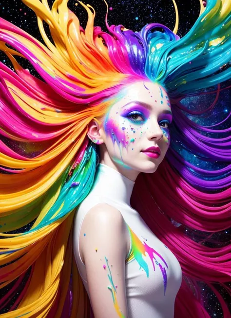 Style-PaintMagic, photo of a beautiful goth girl wearing a white bodysuit with thick flowing (liquid paint rainbow hair:1.1) made of paint and defies gravity, space background, highly detailed, intricate, amazing, trending, paint splatter, paint drops