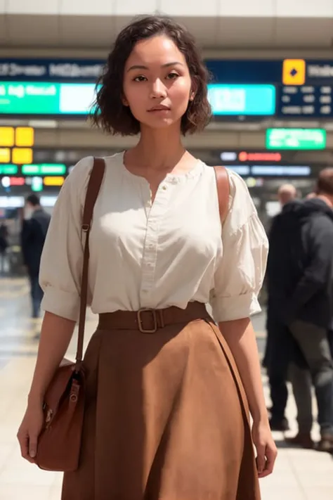 half body photo, Caucasian woman at train station, makeup, Kodak Ultra Max, 85mm, withe shirt, brown skirt, high quality, photorealistic, raw, 4k, hdr, high contrast, insanely detailed, highest quality, pore skin, ultra detailed skin, highres, intricate details, RAW photo, 8k uhd, dslr, hdr, film grain, rim lighting, two tone lighting, low key <lora:epiNoiseoffset_v2:0.6>