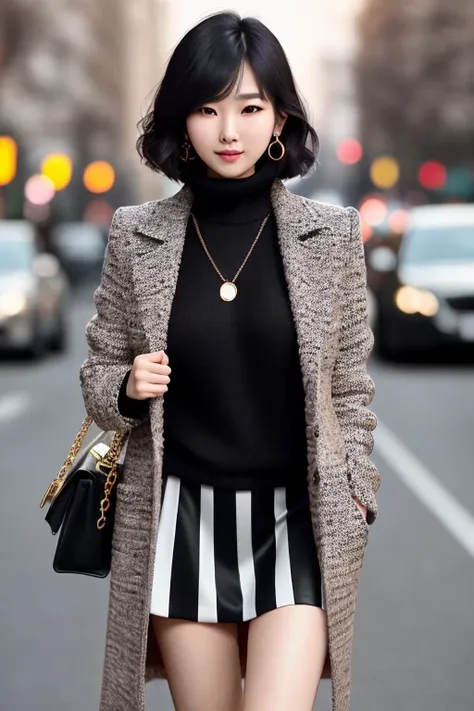 (a beautiful 25 age years old sexy korean woman:1.1),(Pretty Kpop girl,korean mixed), beautiful_legs, Glow Eyes,blush, glossy lips, perfect body, (black sweater :1.4), (open checkered coat :1.3),(checkered skirt :1.3), (pantyhose, ankle boots :1.1), (messy, bob cut, hair:1.1), street, sunlight, standing, lens flare, earrings,necklace, model, looking at viewer, (happy smile:1.1), makeup, from front, dynamic pose, mole under eye, messenger bag, insanely detailed, highest quality, skin texture, ultra detailed skin, messy hair, highres, intricate details, gloomy, RAW photo, 8k uhd, dslr, hdr, film grain, Fujifilm XT3, (very dark night), rim lighting, two tone lighting, low key <lora:epiNoiseoffset_v2:0.6> <lora:hipoly3DModelLora_v10:0.25>