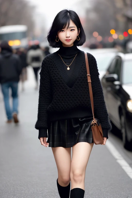 (a beautiful 25 age years old sexy korean woman:1.1),(Pretty Kpop girl,korean mixed), beautiful_legs, Glow Eyes,blush, glossy lips, perfect body, (black sweater :1.4), (open checkered coat :1.3),(checkered skirt :1.3), (pantyhose, ankle boots :1.1), (messy, bob cut, hair:1.1), street, sunlight, standing, lens flare, earrings,necklace, model, looking at viewer, (happy smile:1.1), makeup, from front, dynamic pose, mole under eye, messenger bag, insanely detailed, highest quality, skin texture, ultra detailed skin, messy hair, highres, intricate details, gloomy, RAW photo, 8k uhd, dslr, hdr, film grain, Fujifilm XT3, (very dark night), rim lighting, two tone lighting, low key <lora:epiNoiseoffset_v2:0.6> <lora:hipoly3DModelLora_v10:0.25>