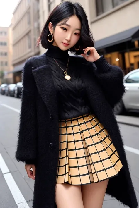 (a beautiful 25 age years old sexy korean woman:1.1),(Pretty Kpop girl,korean mixed), beautiful_legs, Glow Eyes,blush, glossy lips, perfect body, (black sweater :1.4), (open checkered coat :1.3),(checkered skirt :1.3), (pantyhose, ankle boots :1.1), (messy, bob cut, hair:1.1), street, sunlight, standing, lens flare, earrings,necklace, model, looking at viewer, (happy smile:1.1), makeup, from front, dynamic pose, mole under eye, messenger bag, insanely detailed, highest quality, skin texture, ultra detailed skin, messy hair, highres, intricate details, gloomy, RAW photo, 8k uhd, dslr, hdr, film grain, Fujifilm XT3, (very dark night), rim lighting, two tone lighting, low key <lora:epiNoiseoffset_v2:0.6> <lora:hipoly3DModelLora_v10:0.25>