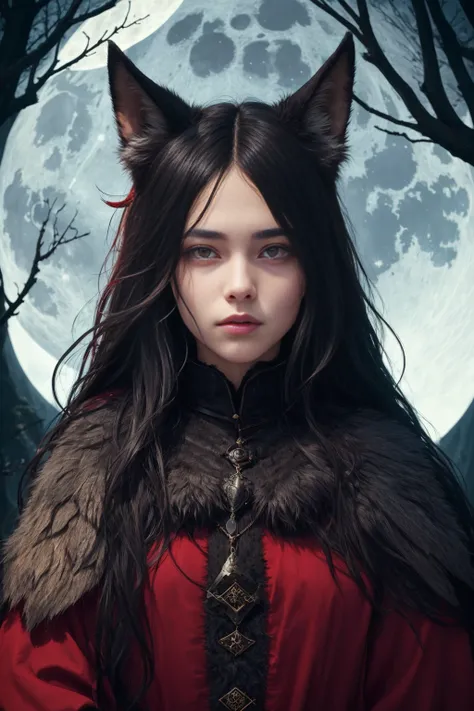 best quality, ultra-detailed, illustration, 1girl, black long hair, red eye, wolf ears, black mantle, fluffy collar, forest, moon, sketch, full body, highest quality, skin texture, intricate details, (cinematic lighting), RAW photo, 8k