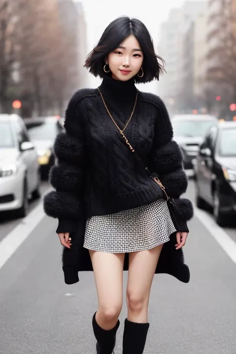 (a beautiful 25 age years old sexy korean woman:1.1),(Pretty Kpop girl,korean mixed), beautiful_legs, Glow Eyes,blush, glossy lips, perfect body, (black sweater :1.4), (open checkered coat :1.3),(checkered skirt :1.3), (pantyhose, ankle boots :1.1), (messy, bob cut, hair:1.1), street, sunlight, standing, lens flare, earrings,necklace, model, looking at viewer, (happy smile:1.1), makeup, from front, dynamic pose, mole under eye, messenger bag, insanely detailed, highest quality, skin texture, ultra detailed skin, messy hair, highres, intricate details, gloomy, RAW photo, 8k uhd, dslr, hdr, film grain, Fujifilm XT3, (very dark night), rim lighting, two tone lighting, low key <lora:epiNoiseoffset_v2:0.6> <lora:hipoly3DModelLora_v10:0.25>