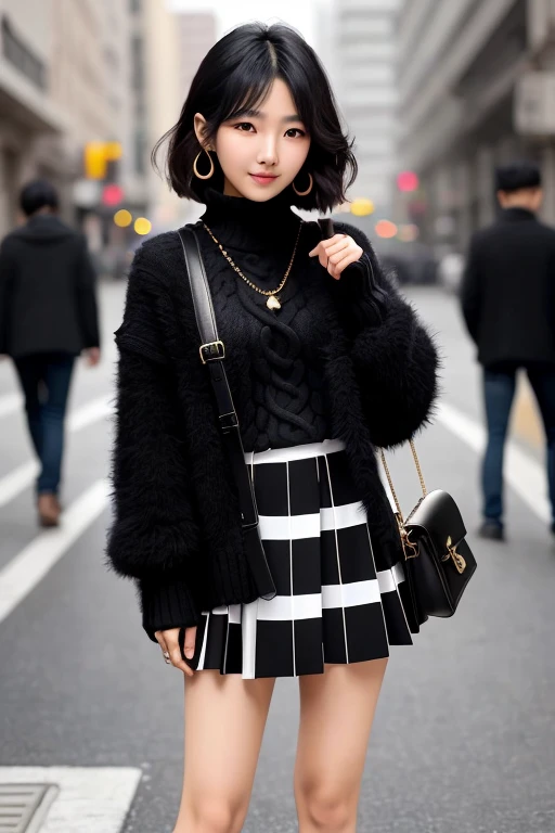 (a beautiful 25 age years old sexy korean woman:1.1),(Pretty Kpop girl,korean mixed), beautiful_legs, Glow Eyes,blush, glossy lips, perfect body, (black sweater :1.4), (open checkered coat :1.3),(checkered skirt :1.3), (pantyhose, ankle boots :1.1), (messy, bob cut, hair:1.1), street, sunlight, standing, lens flare, earrings,necklace, model, looking at viewer, (happy smile:1.1), makeup, from front, dynamic pose, mole under eye, messenger bag, insanely detailed, highest quality, skin texture, ultra detailed skin, messy hair, highres, intricate details, gloomy, RAW photo, 8k uhd, dslr, hdr, film grain, Fujifilm XT3, (very dark night), rim lighting, two tone lighting, low key <lora:epiNoiseoffset_v2:0.6> <lora:hipoly3DModelLora_v10:0.25>