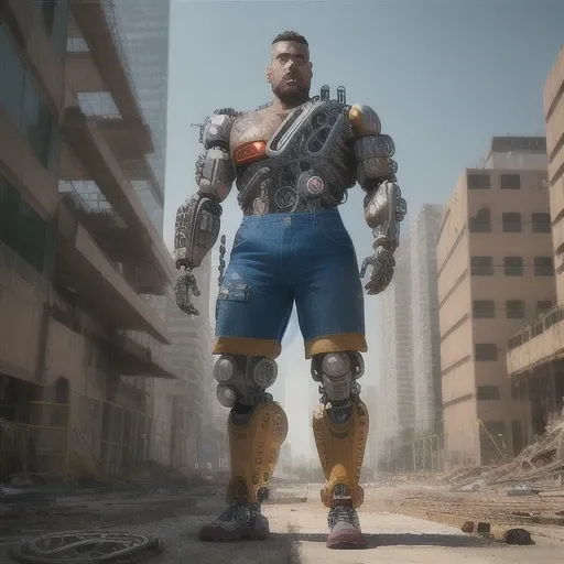 raw photograph, ultra detailed photrealistic, large heavy build male construction worker, wearing construction overalls, (cyborg arms:1.5), (human hands), background is a city block in ruins, vibrant details, luxurious cyberpunk, hyperrealistic, anatomical, elegant, 8k, best quality, masterpiece, extremely detailed, (realistic, photo-realistic:1.37), full body, standing