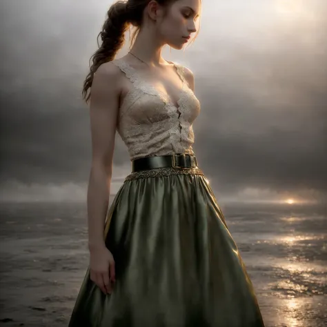 (realistic:1.25) outdoor (medieval:1.3 town), (late afternoon:1.8), 8k RAW photograph of a (pale:1.3) playful, petite,  (young face), (detailed skin), (25 year old) girl with blone hair tied in a ponytail, wearing a (green:1.25 lace:1.25) leotard) with (chest cut-out) and (metallic belt:1.3) with a (long skirt:1.5) and (medium breasts:1.5), (thoughtful:1.12), (warm soft side low-light), (high contrast), (foggy, gloomy, atmosphere warm-lighting)