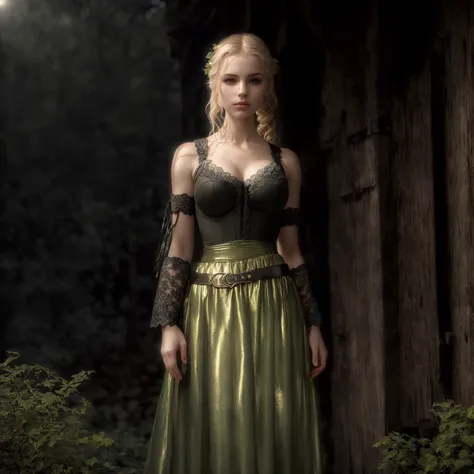 (realistic:1.25) outdoor (medieval:1.3 town), (late afternoon:1.8), 8k RAW photograph of a (pale:1.3) playful, petite, (young face), (detailed skin), (25 year old) girl with blonde hair tied in a ponytail, wearing a (green:1.25 lace:1.25) corset) with (metallic belt:1.3) with a (long skirt:1.5) and (medium breasts:1.5), (thoughtful:1.12), (warm soft side low-light), (high contrast), (foggy, gloomy, atmosphere warm-lighting)
