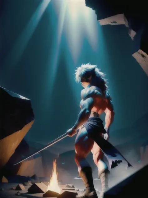 A man (1boy) alone, seen (((from front))). (((Figure fills frame))). He is an epic and heroic barbarian, a ((tanned)) (muscle male) (bodybuilder), (hairy:1.7), long hair blowing in the wind; he has a realistic face, realistic eyes, (detailed facial features). He is ((facing the viewer)). He is wearing a fur ((loin cloth)), and is carrying a wooden spear, emerging from a dark cave entrance. It is dark, the only source of light is a campfire out of view to the right. Highly detailed fantasy art, dramatic volumetric light, artstation, beautiful modern fantasy illustration, by Terese Nielsen. <lora:epiNoiseoffset_v2:0.2>