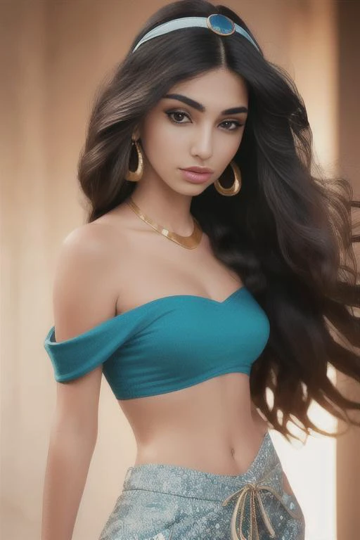 photo of hot <lora:Jasmine_character:0.6> JasmineWaifu, (photo-realistic, hyper-realistic, RAW photo:1.2), (arabian clothes, off-shoulder shirt, pants), (multi-tied hair, long hair), (jewelry) wearing 90's clothing and hairstyle, medium breasts, perfect face, perfect thin body, smooth skin, sensual, (full-body), color, backlight, best quality, absurdres, skin pores, intricate detail, sophisticated detail, depth of field, photorealistic, RAW photo, masterpiece, perfect lighting