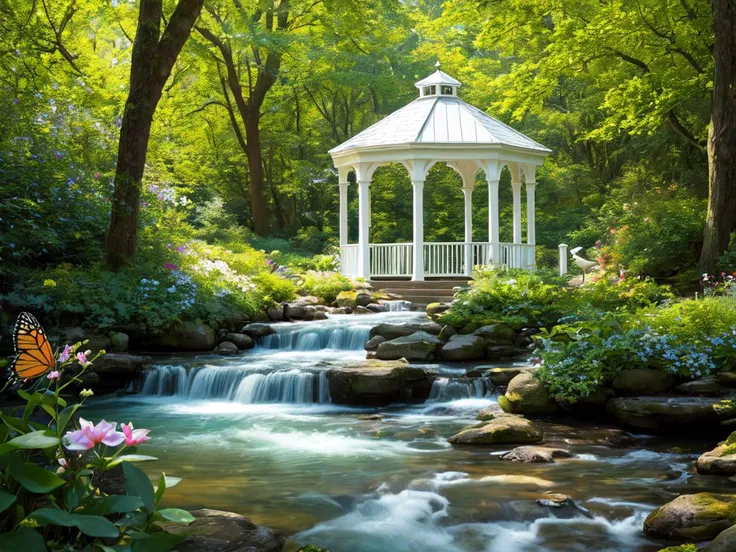 (white gazebo), shady flower garden, (creek), butterflies, birds, RAW photo, 64K, 32K, UHD, absurdres, Best resolution, hires textures, ultra-high resolution, (photoreal, photorealistic, hyperrealistic:1.3), realistic water, epic realistic, physically-realistic, Ultra-HD-photo-same-realistic, extremely high detailed, Ultra-HD-details, emphasized-details, Crisp Details, highest quality, masterpiece, high budget, beautiful, beautiful, elegant, captivating, epic composition, top-ranking, still, cinema still, analog film photo, Vibrant, rich emotive colors, ultra sharp focus, Fast Autofocus, Well-Defined Edges, Perfectly Crafted, Moody, HDR, Resplendent, Distinct Foreground and Background, Full Depth, Environment Occlusion, Transmittance, Light Attenuation, Environment Lighting, Real-Time GI Caching, Compositing, Color Grading, Glare Effects, Raymarching, very saturate colors, Ambient Lighting, accent lighting, God Rays, Full-Frame DSLR, White Balance Daylight, Kodak Ektachrome 100G