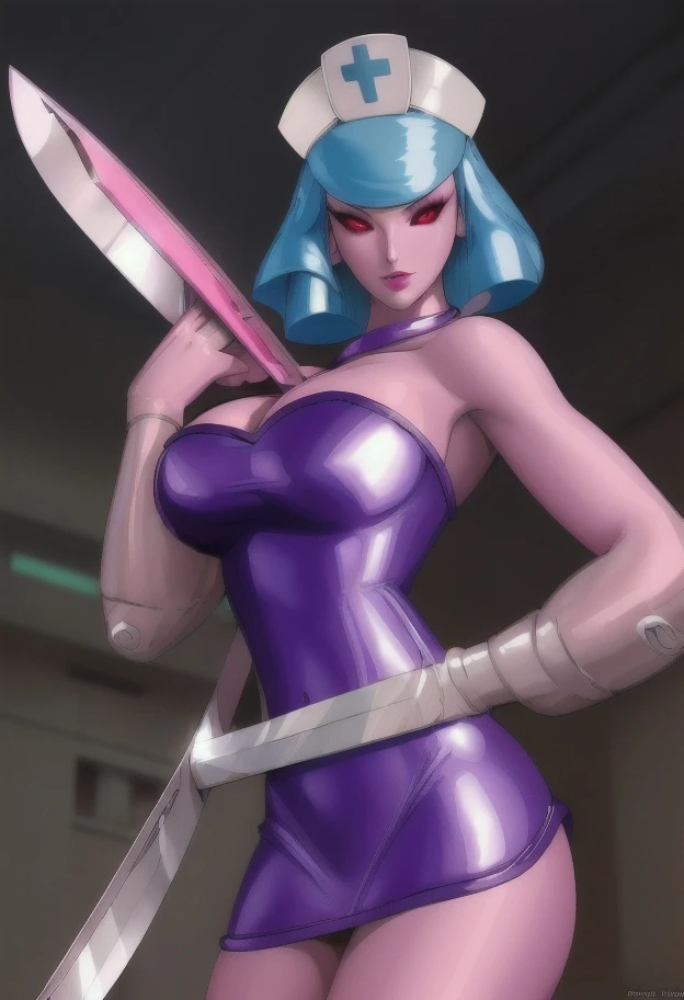 high resolution, masterpiece, perfect face, high quality, promo art, <lora:Pharmakon:.9>, hospital ward, Pharmakon, ((pink skin)), purple latex bodycon dress, white nurse cap, medium blue hair, large breasts, ((silver blade scalpel-arm)), solid red eyes